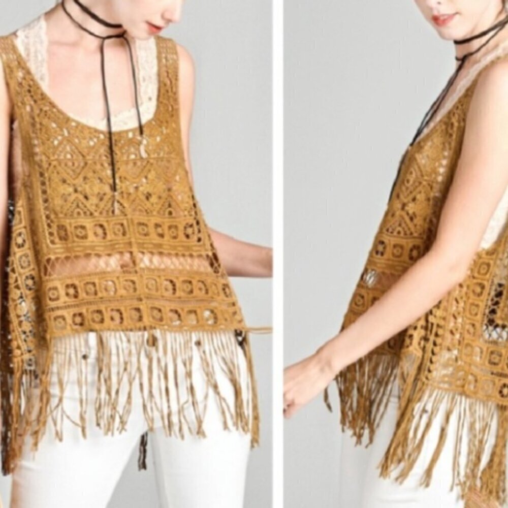 Cotton Crochet BoHo Vest Pullover Fringe